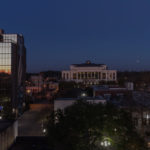 Louisiana Personal Injury Law Firm Wright Roy Building Looking at Lafayette Louisiana Federal Courthouse at Night