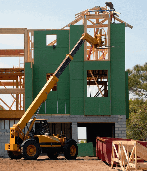 Lafayette Louisiana Construction Accident Lawyers Fork Lift Crane at building with green siding