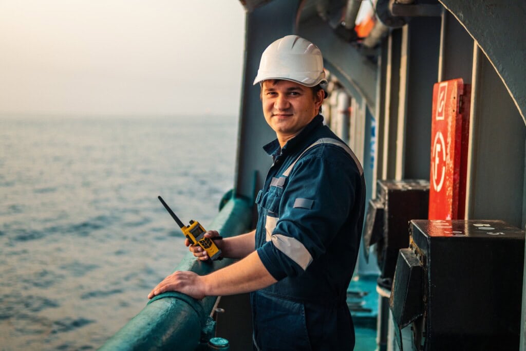 Marine deck officer on deck of offshore vessel or ship