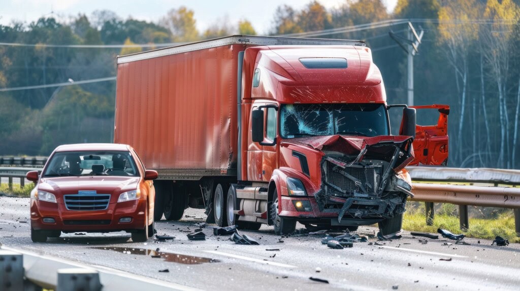 Collision of a semi truck with box trailer and a passenger car on the highway