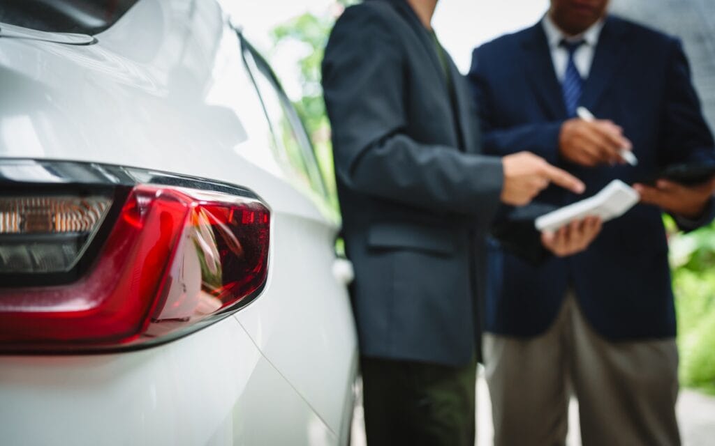 Two individuals discussing a car insurance claim with an agent in front of a damaged vehicle.