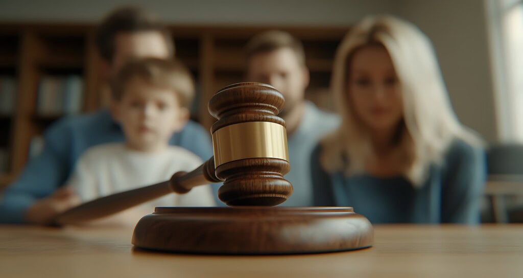 Legal gavel in focus with family out of focus in the background