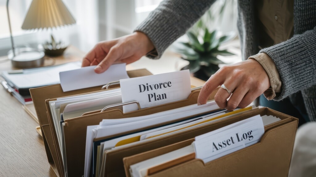 Lawyer flipping through folders of legal documents labled "Divorce Plan"